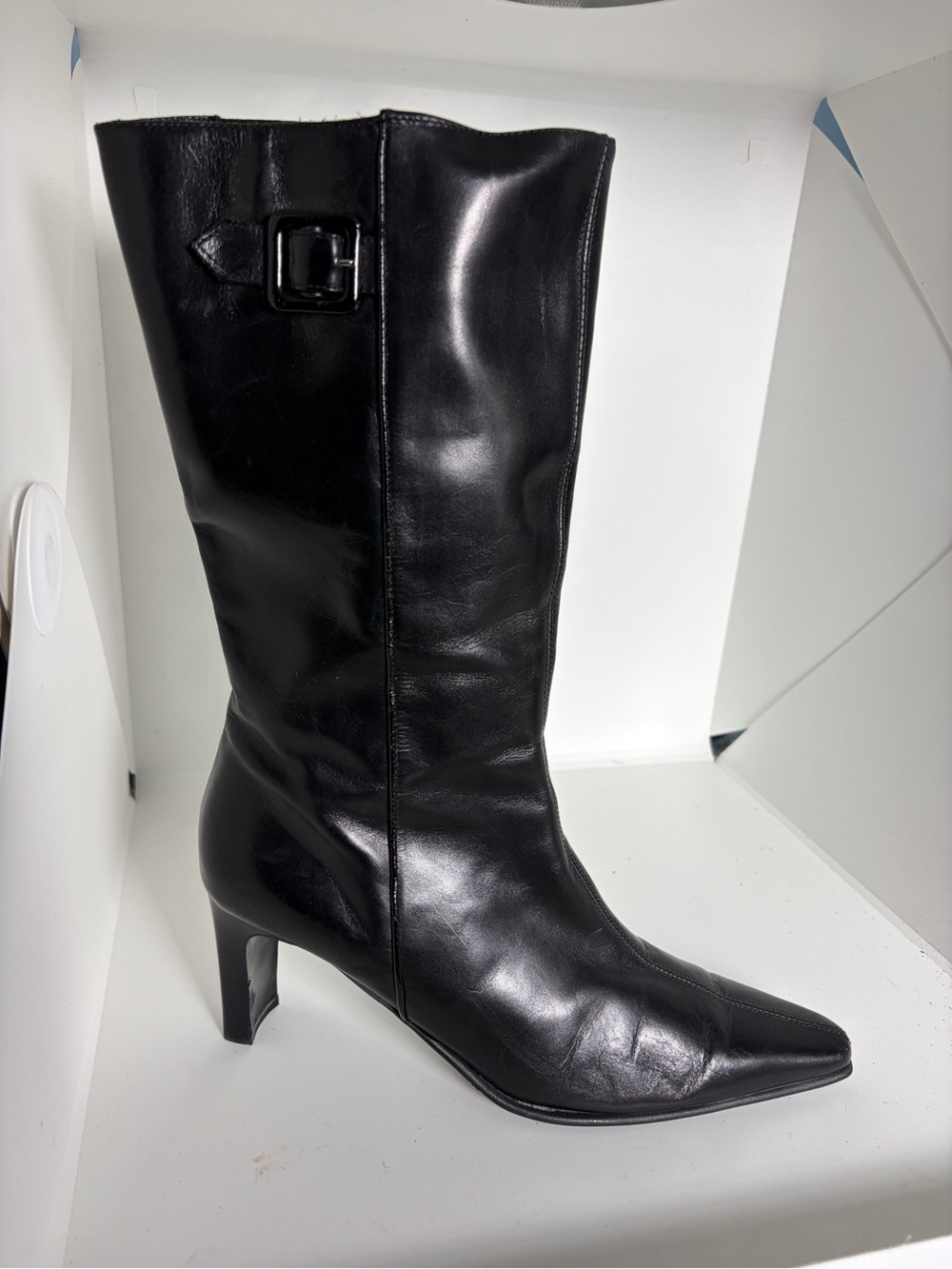 Amalfi Black Leather Mid-Calf Pointed-Toe Heel Boots